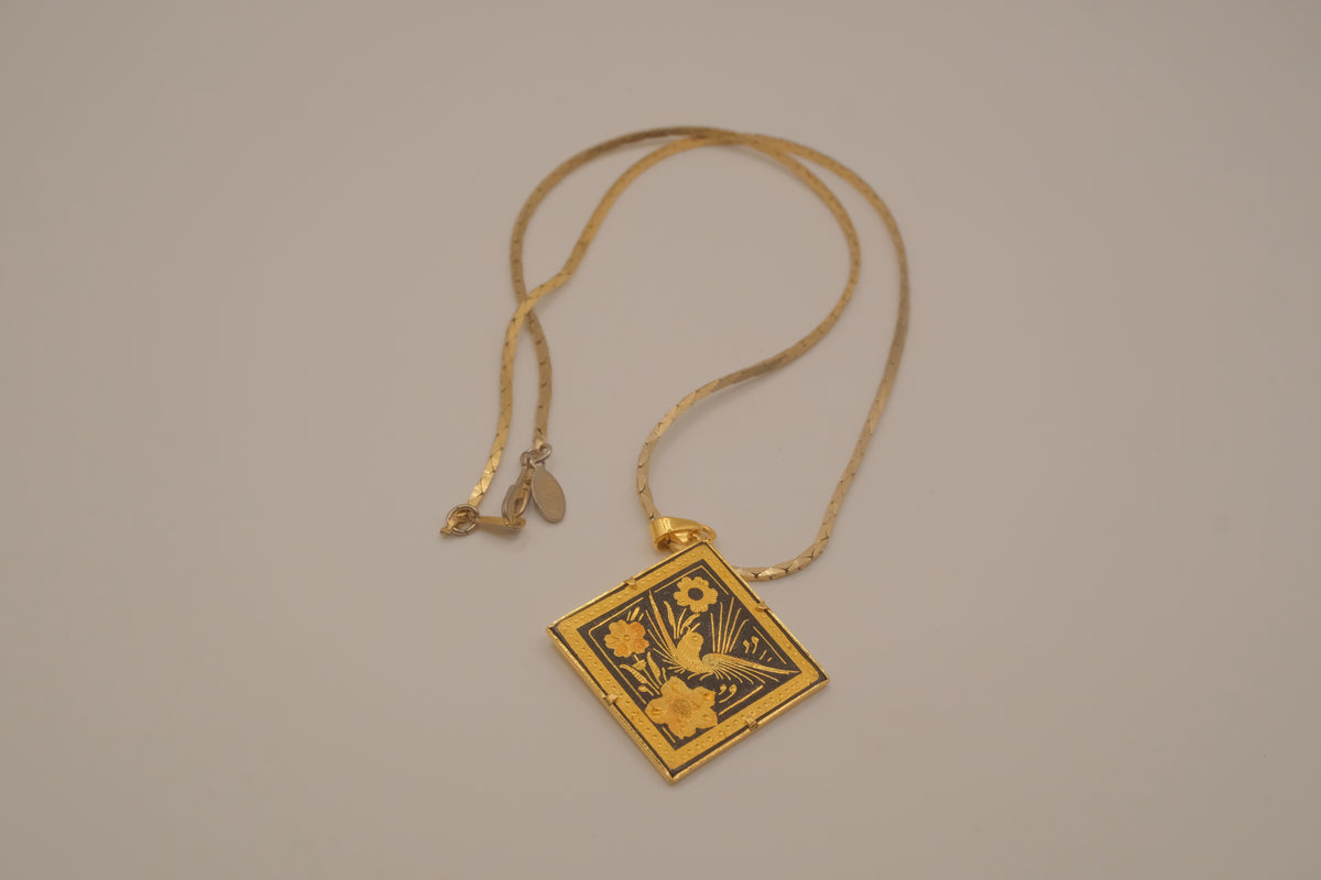 Vintage Songbird in Flight Damascene pendant necklace
