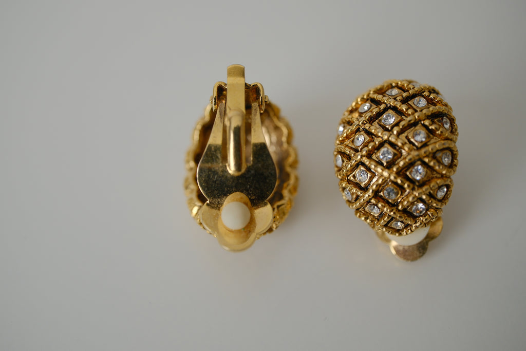 Vintage quilted rhinestone clip-on earrings