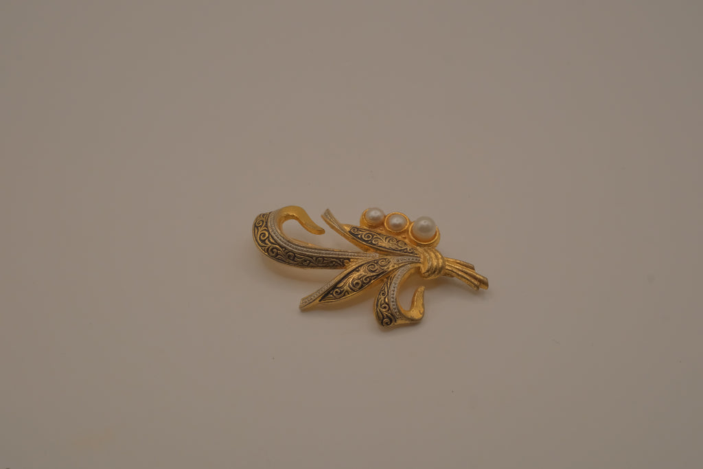 Vintage Damascene Gold and Silver floral spray brooch