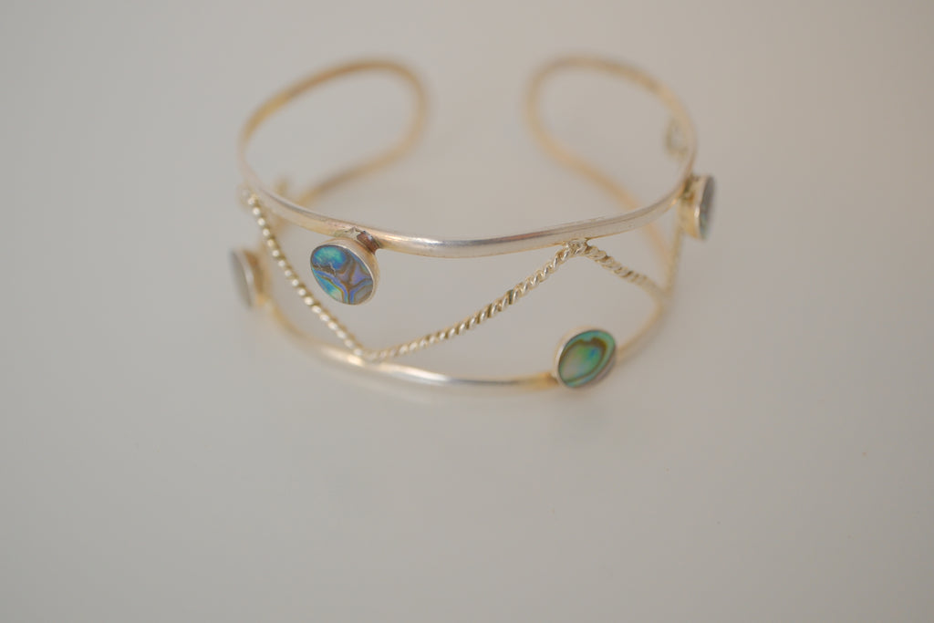 Vintage sterling silver abalone shell inlays cuff bracelet&nbsp;