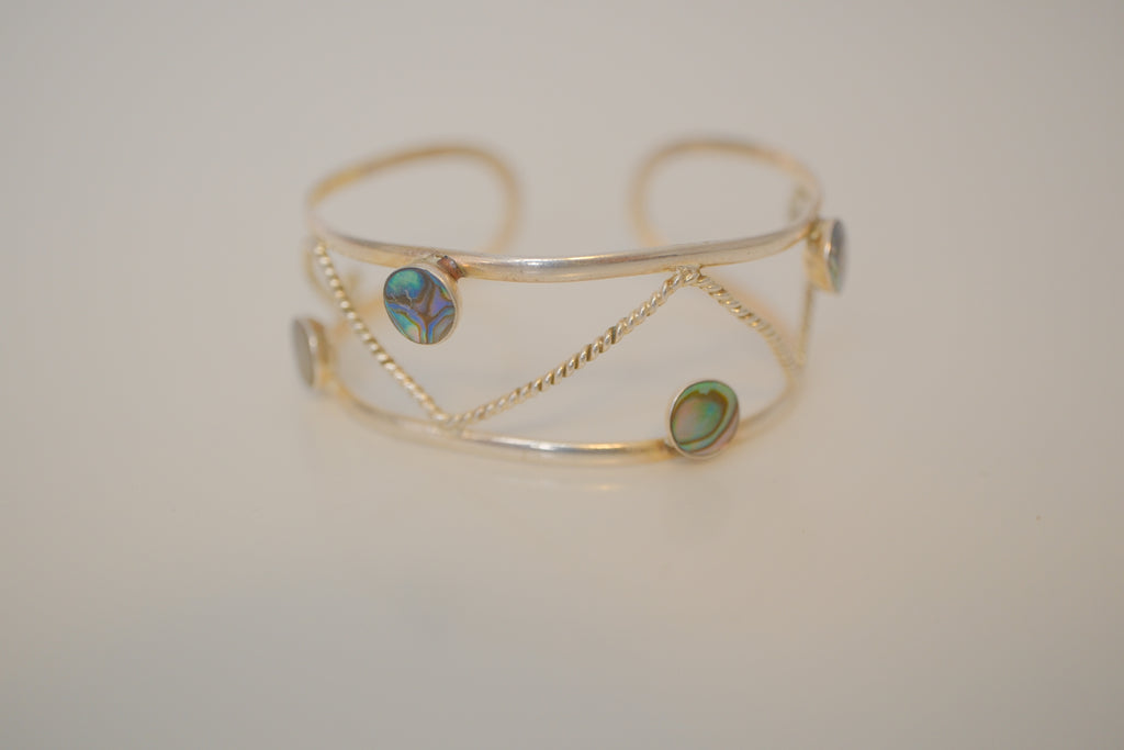 Vintage sterling silver abalone shell inlays cuff bracelet&nbsp;