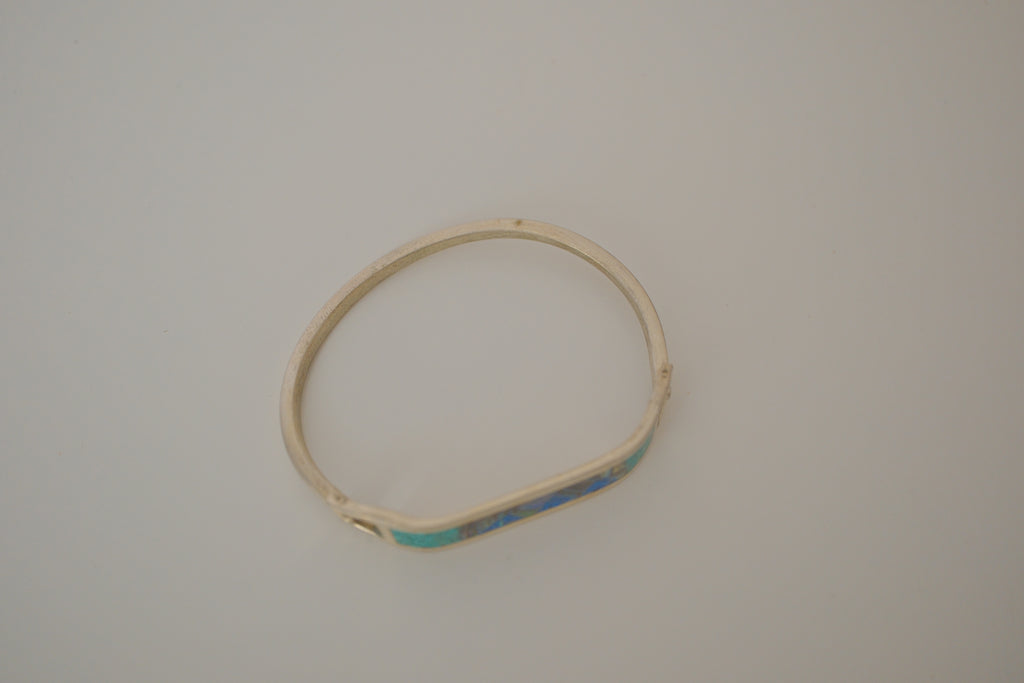 Vintage Sterling silver Abalone and Turquoise inlay hinged bracelet