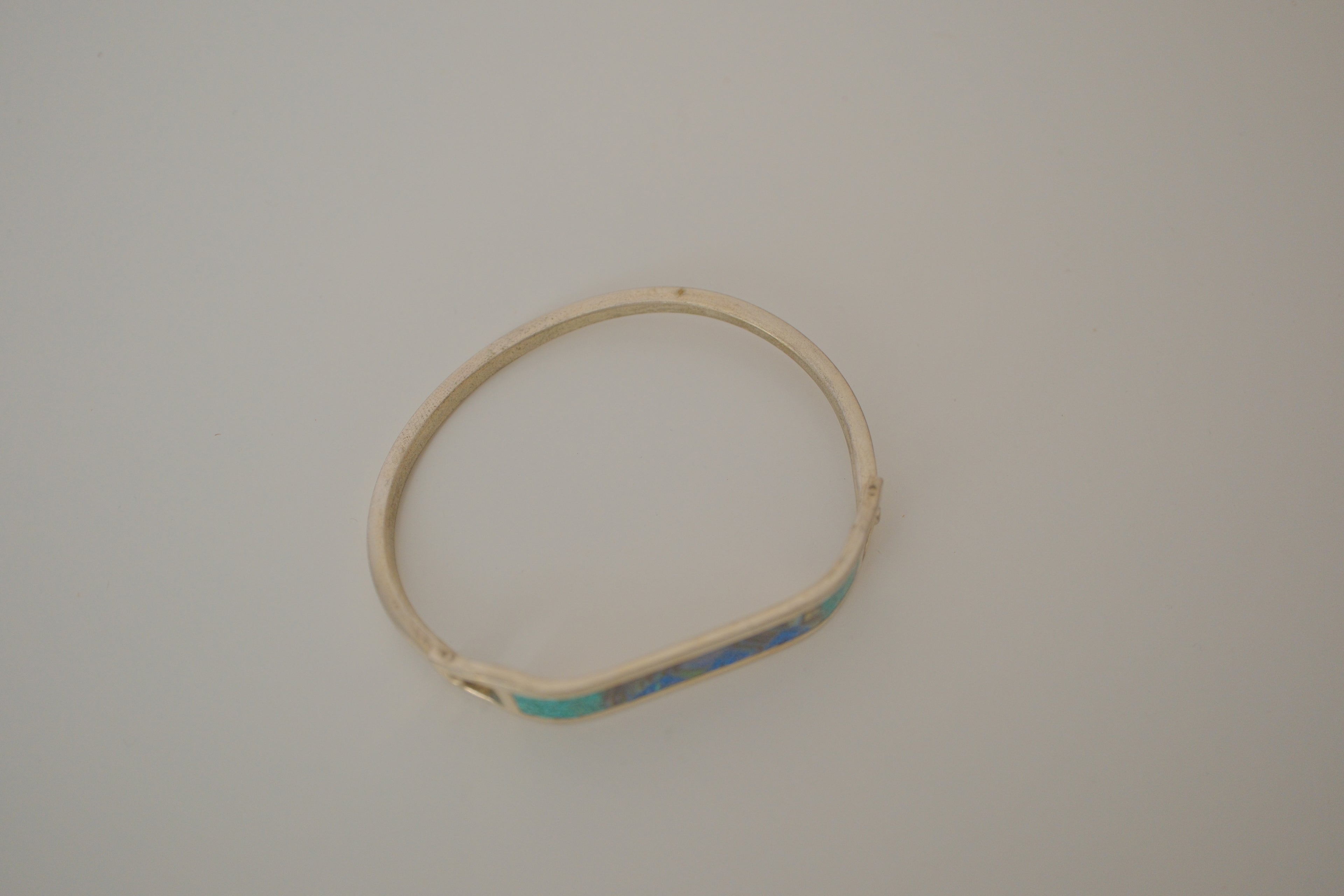 Vintage Sterling silver Abalone and Turquoise inlay hinged bracelet