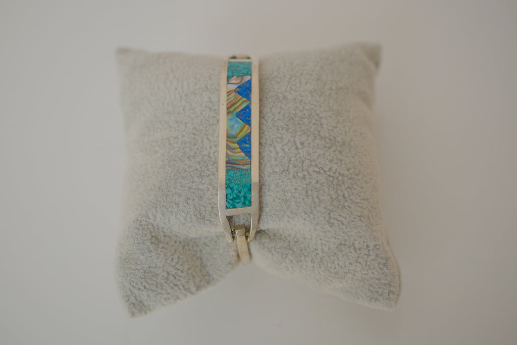 Vintage Sterling silver Abalone and Turquoise inlay hinged bracelet