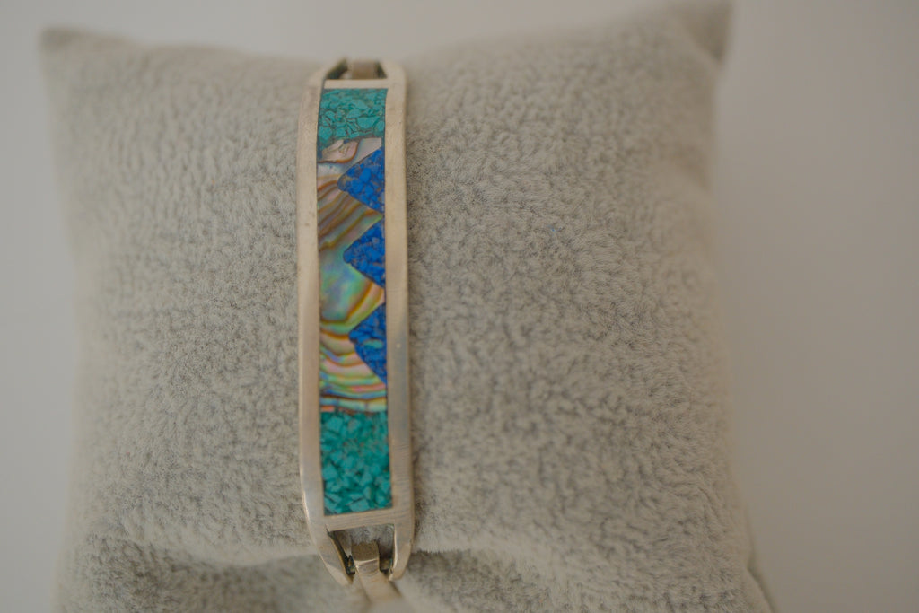 Vintage Sterling silver Abalone and Turquoise inlay hinged bracelet