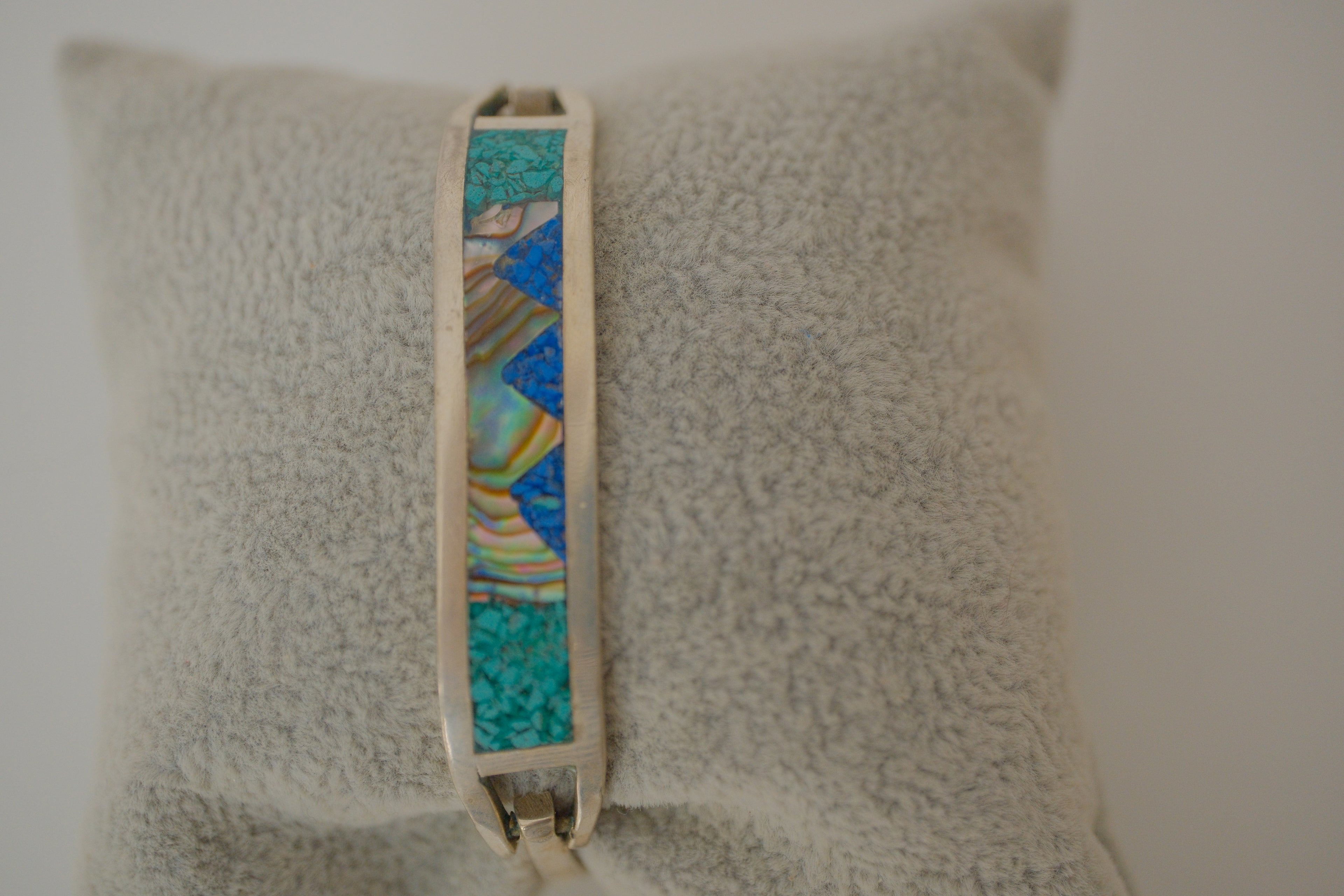 Vintage Sterling silver Abalone and Turquoise inlay hinged bracelet