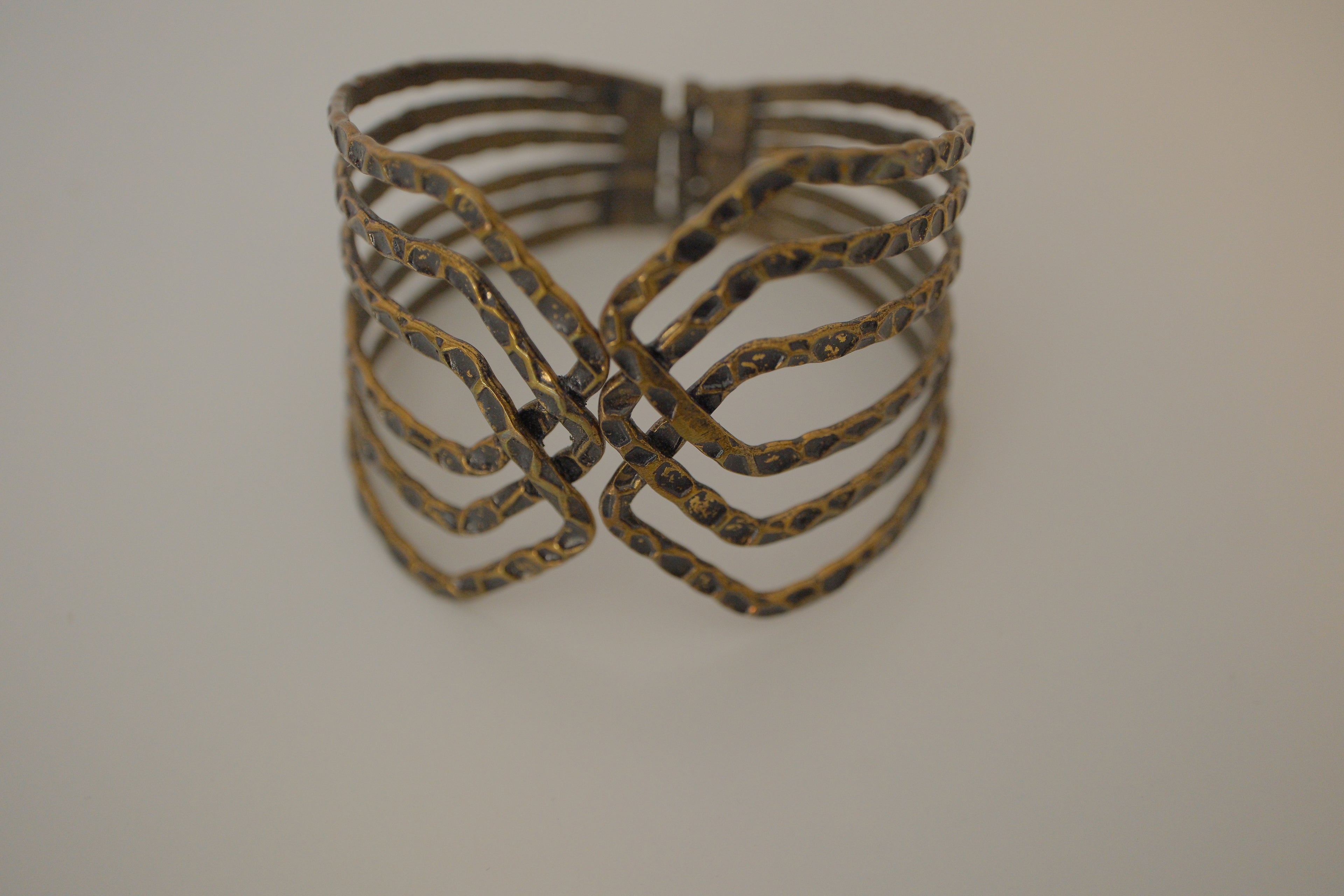 Vintage Large Bronze Hammered Metal Criss Cross Bracelet