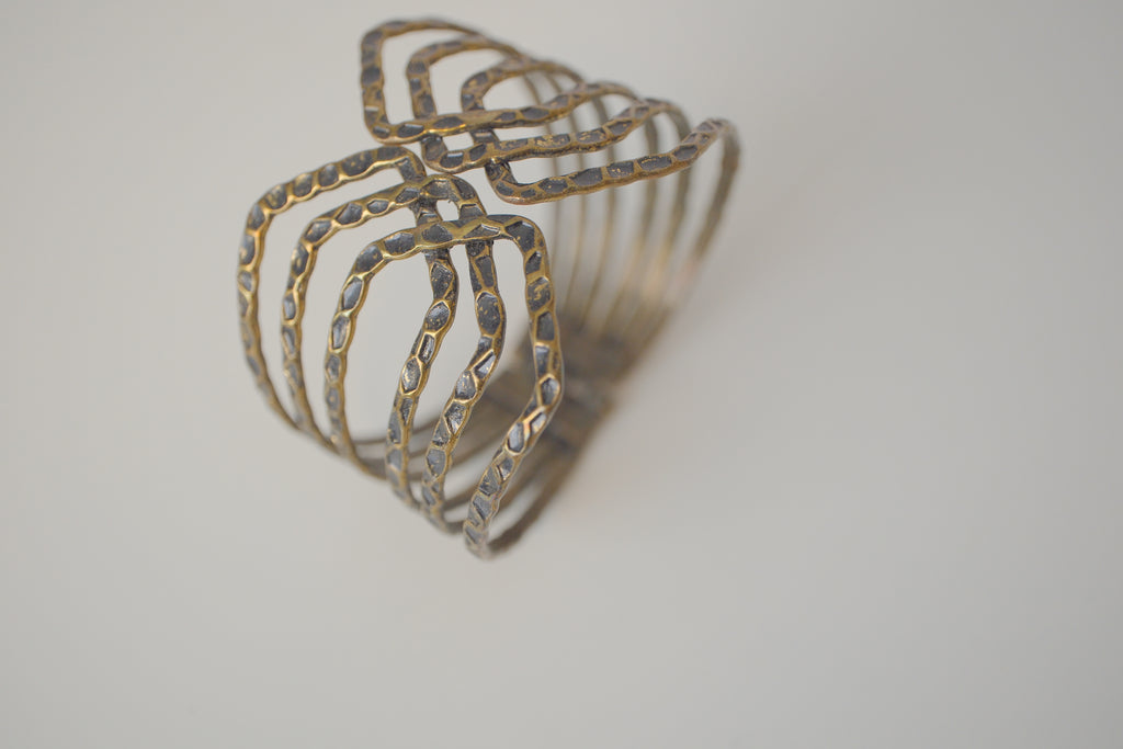 Vintage Large Bronze Hammered Metal Criss Cross Bracelet
