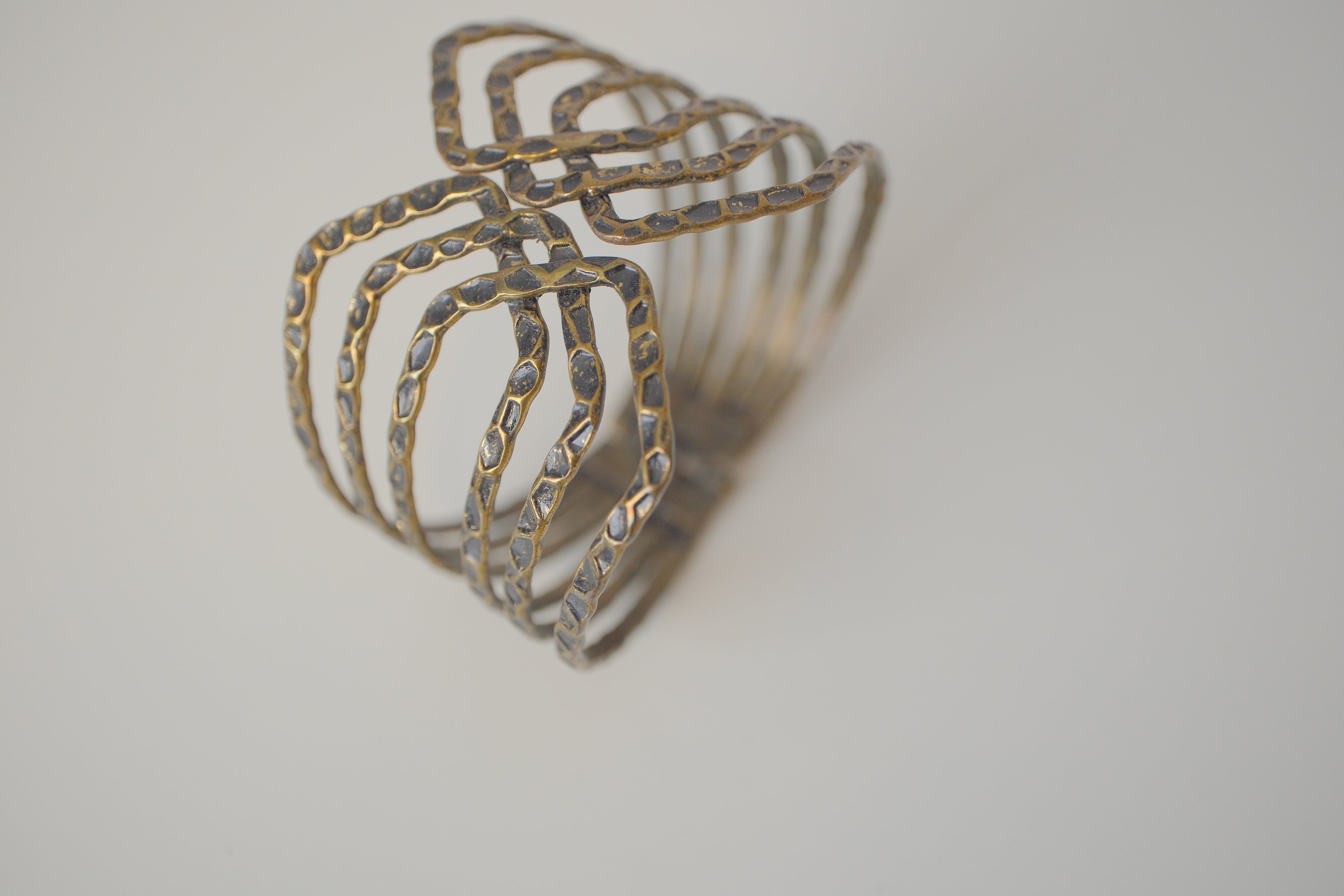 Vintage Large Bronze Hammered Metal Criss Cross Bracelet