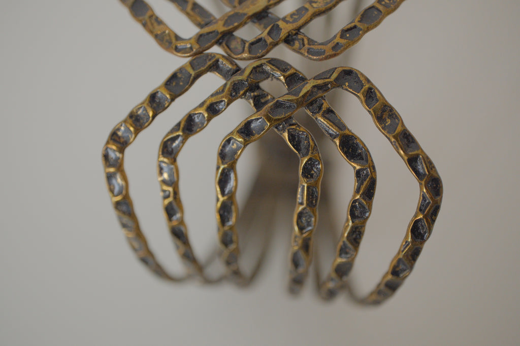 Vintage Large Bronze Hammered Metal Criss Cross Bracelet