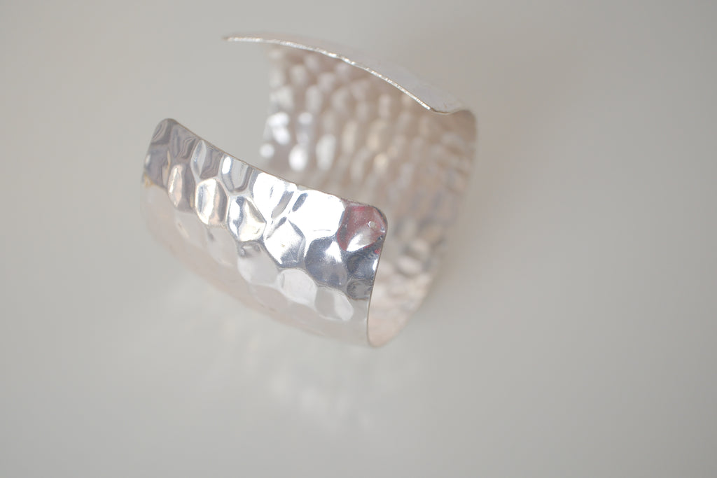 Wide hammered silver cuff bracelet