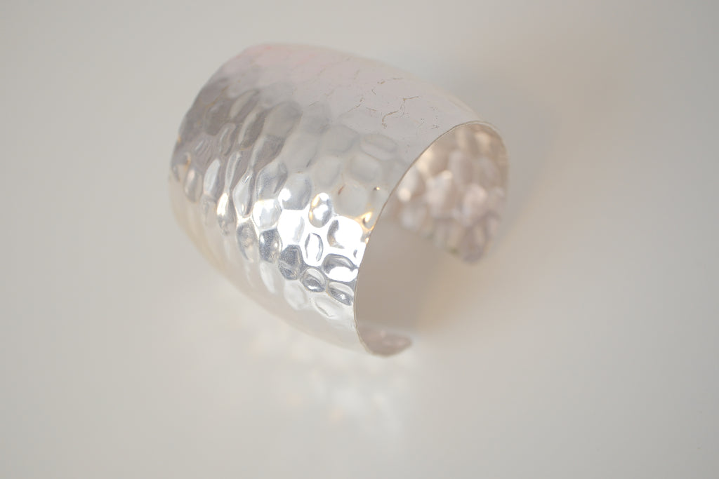 Wide hammered silver cuff bracelet