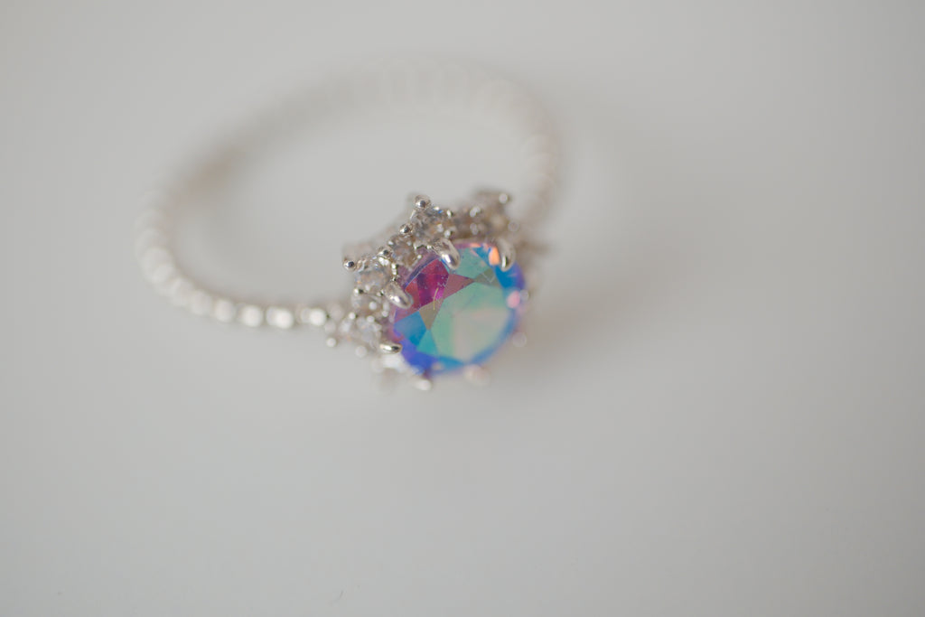 Silver tone iridescent stone ring