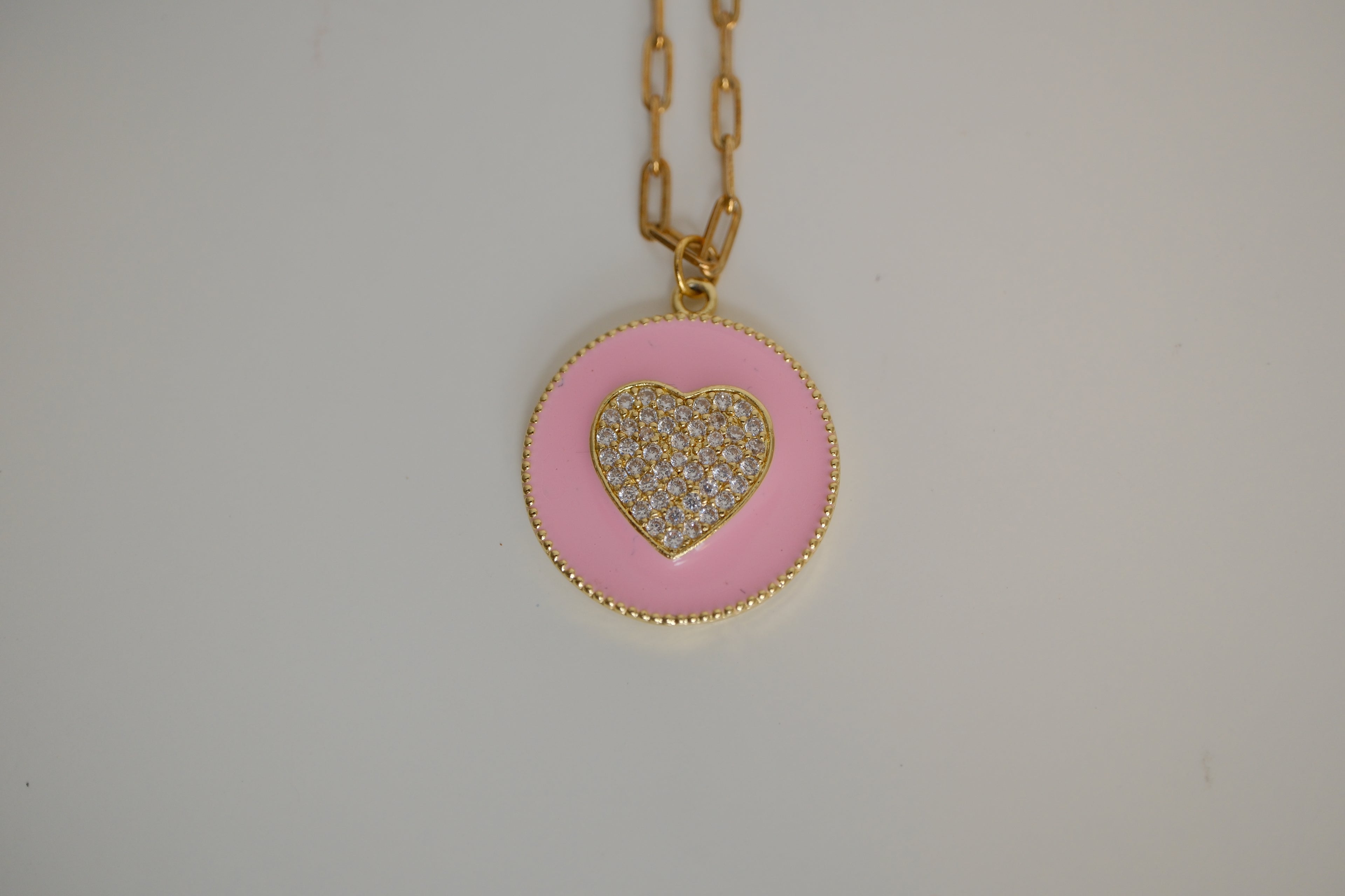 Sterling silver Pink enamel and pavé heart pendant necklace