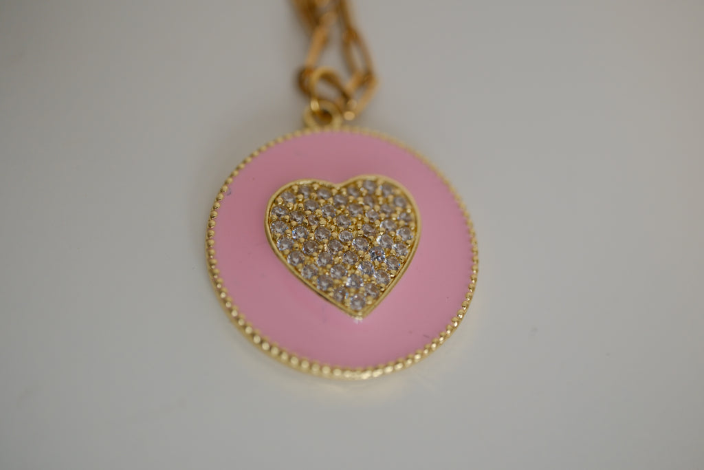 Sterling silver Pink enamel and pavé heart pendant necklace