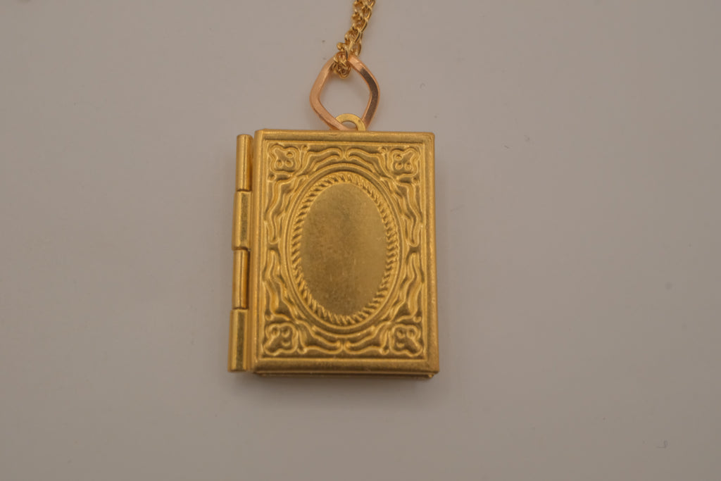Vintage rectangular book locket pendant necklace with fligree border