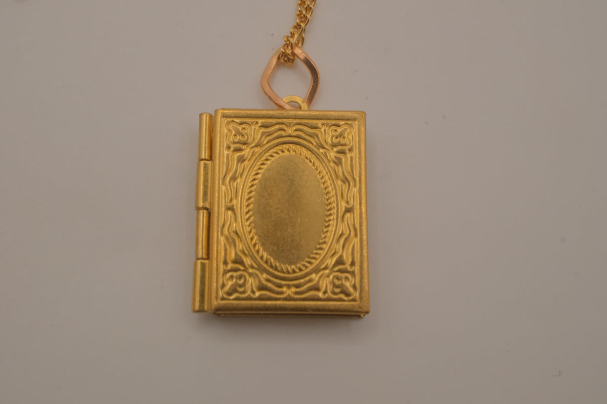 Vintage rectangular book locket pendant necklace with fligree border