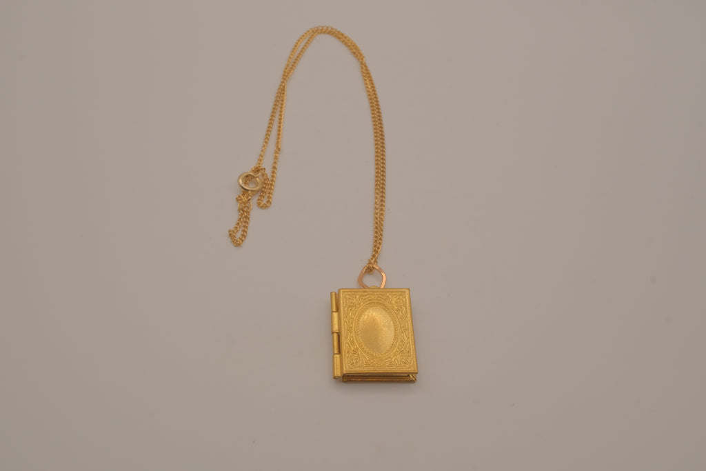 Vintage rectangular book locket pendant necklace with fligree border