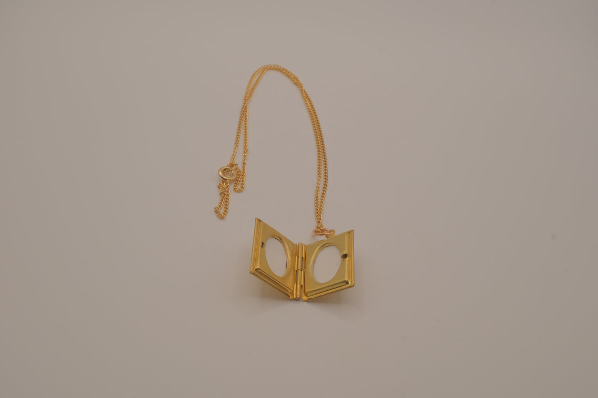 Vintage rectangular book locket pendant necklace with fligree border