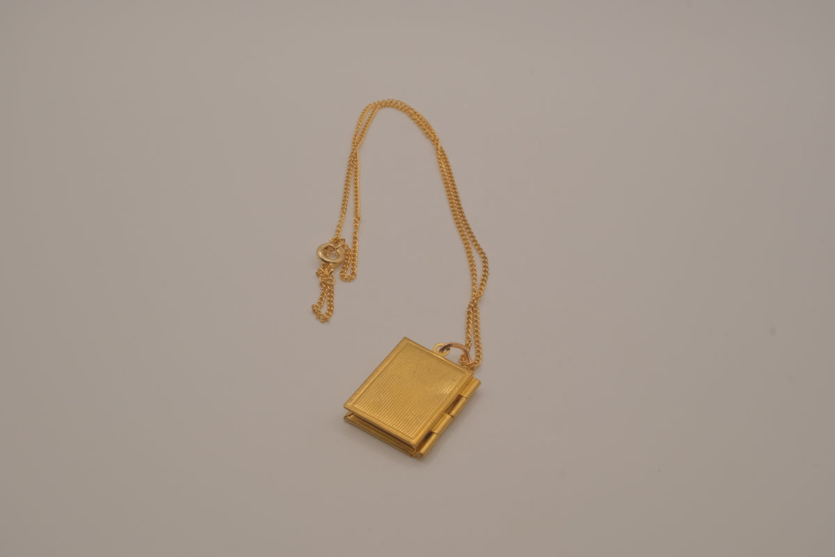 Vintage rectangular book locket pendant necklace with fligree border