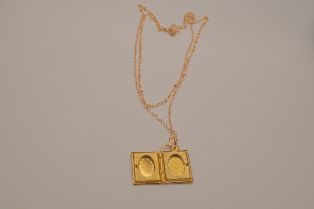 Layered gold book locket necklace
