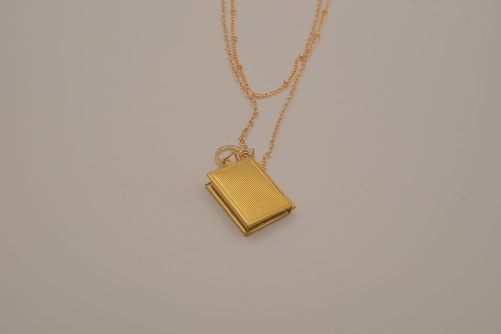 Layered gold book locket necklace