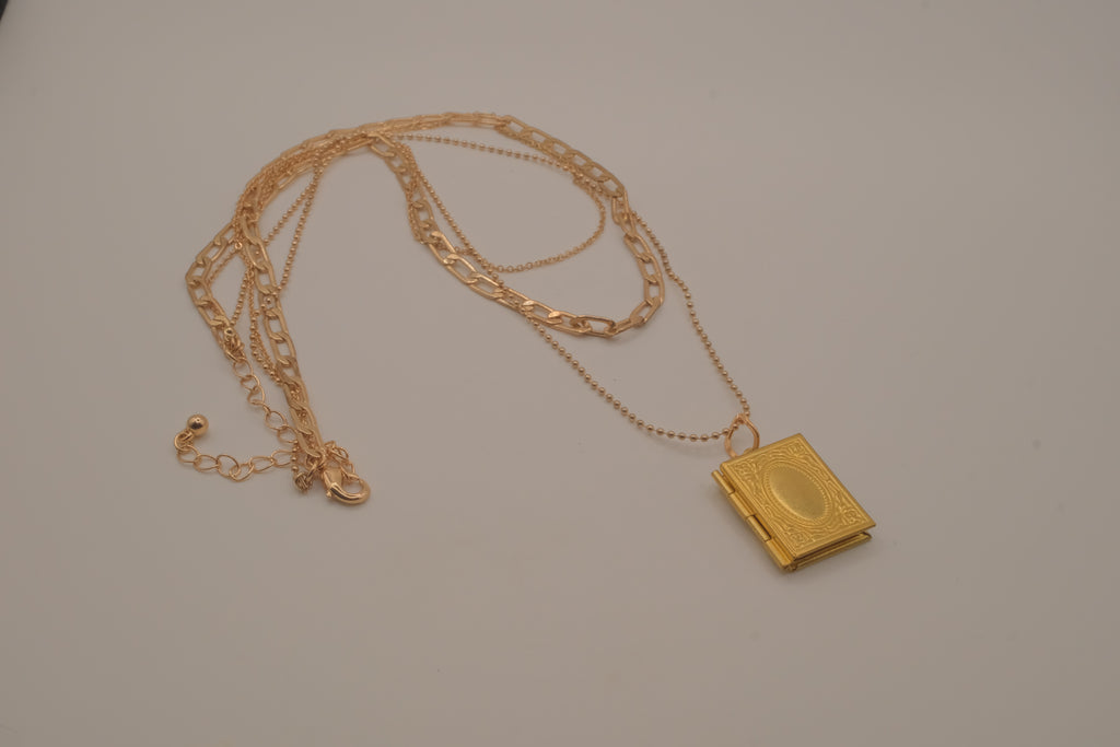 Multi strand gold book locket necklace