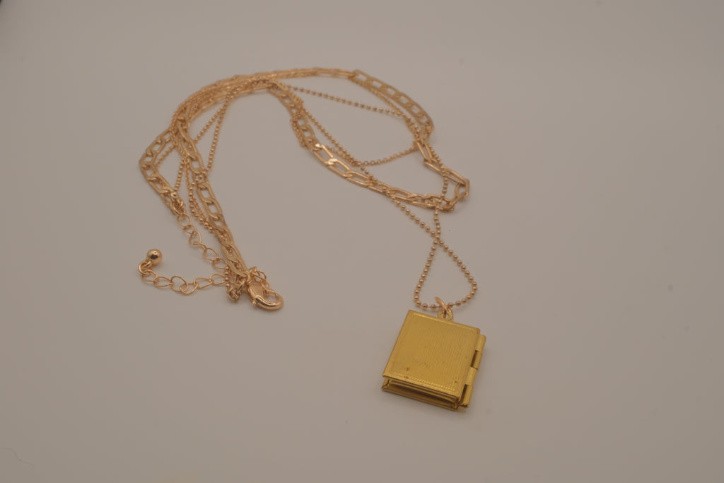 Multi strand gold book locket necklace