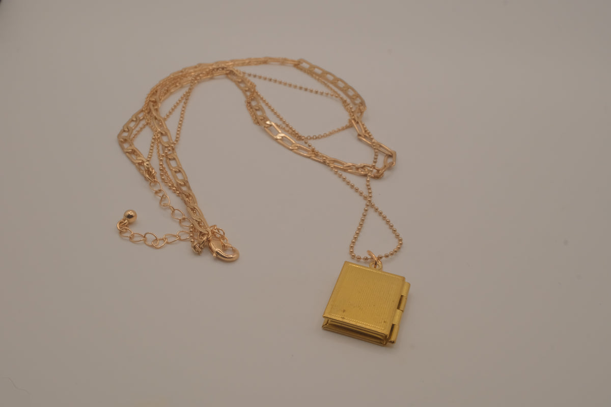 Multi strand gold book locket necklace