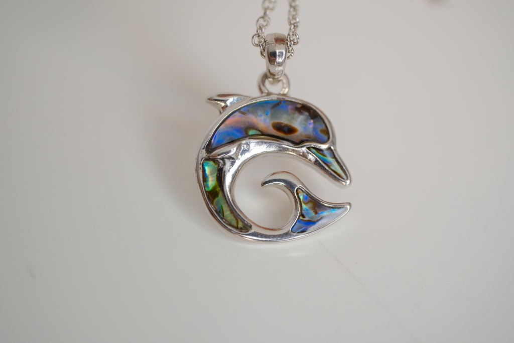 Silver tone Dolphin Abalone shell necklace
