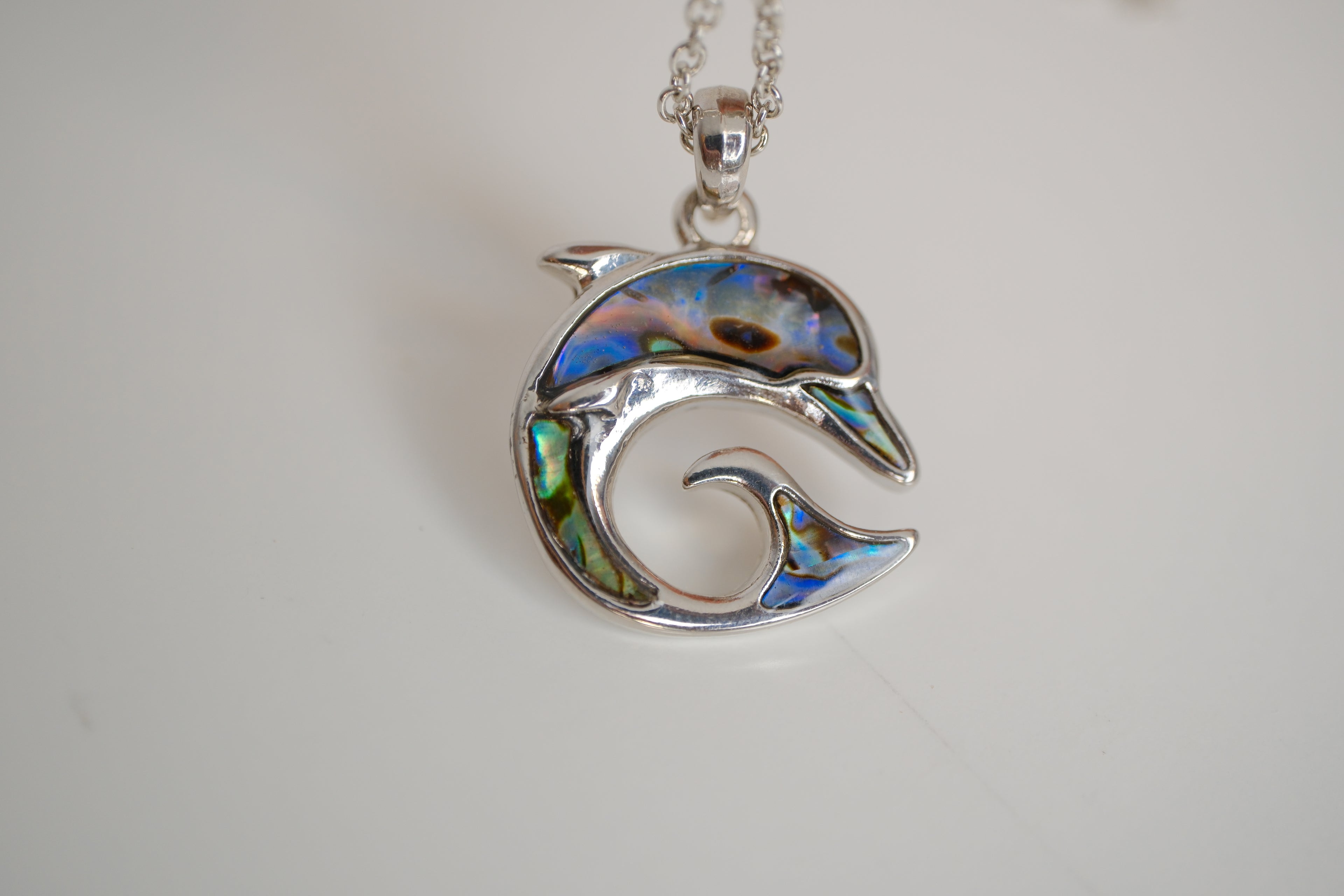 Silver tone Dolphin Abalone shell necklace