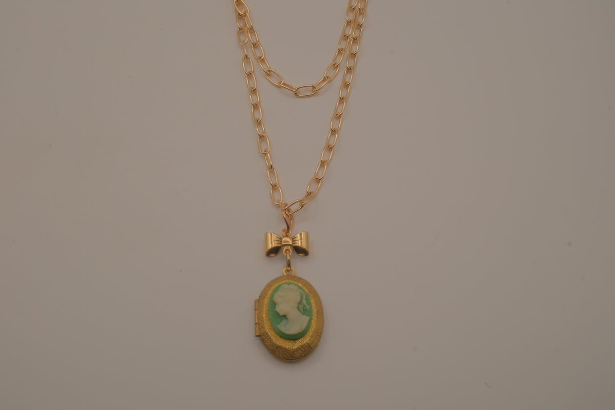 Vintage green cameo locket necklace