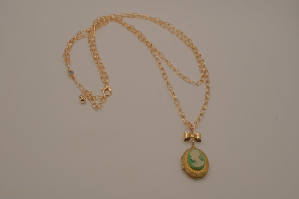 Vintage green cameo locket necklace