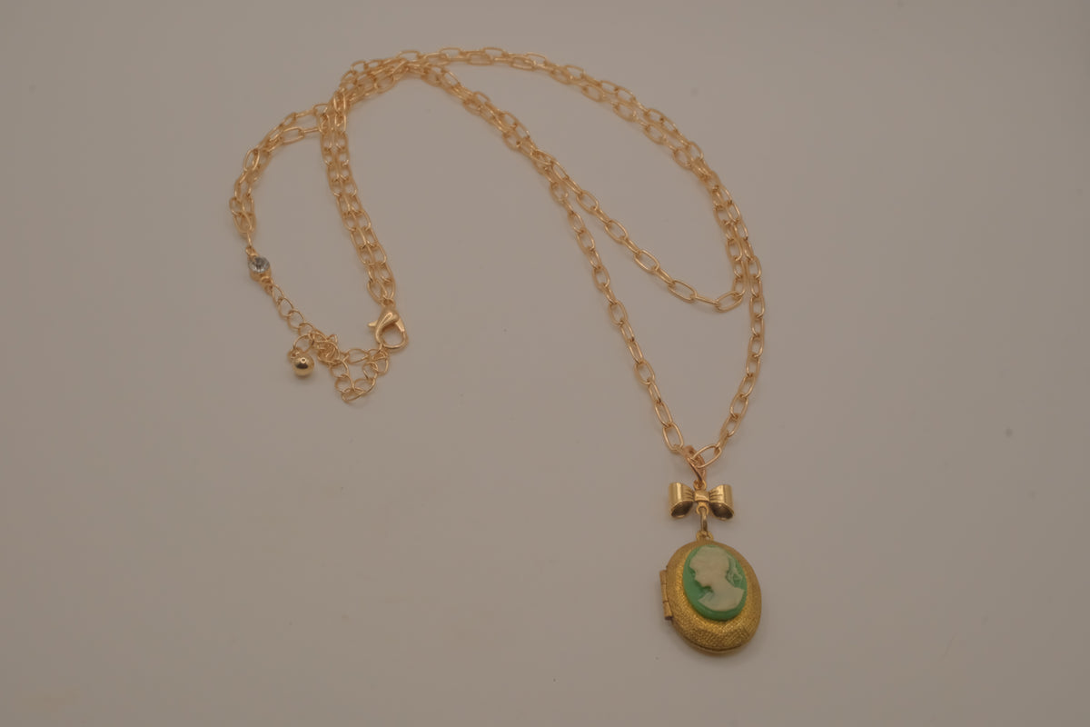 Vintage green cameo locket necklace