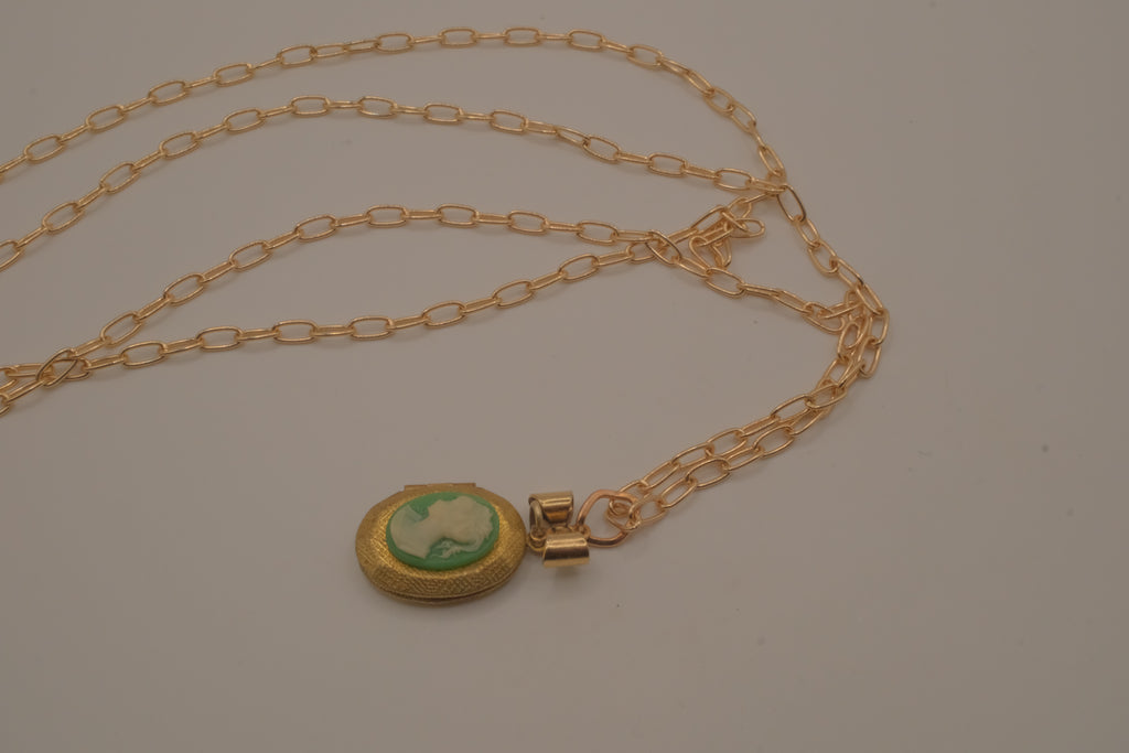 Vintage green cameo locket necklace