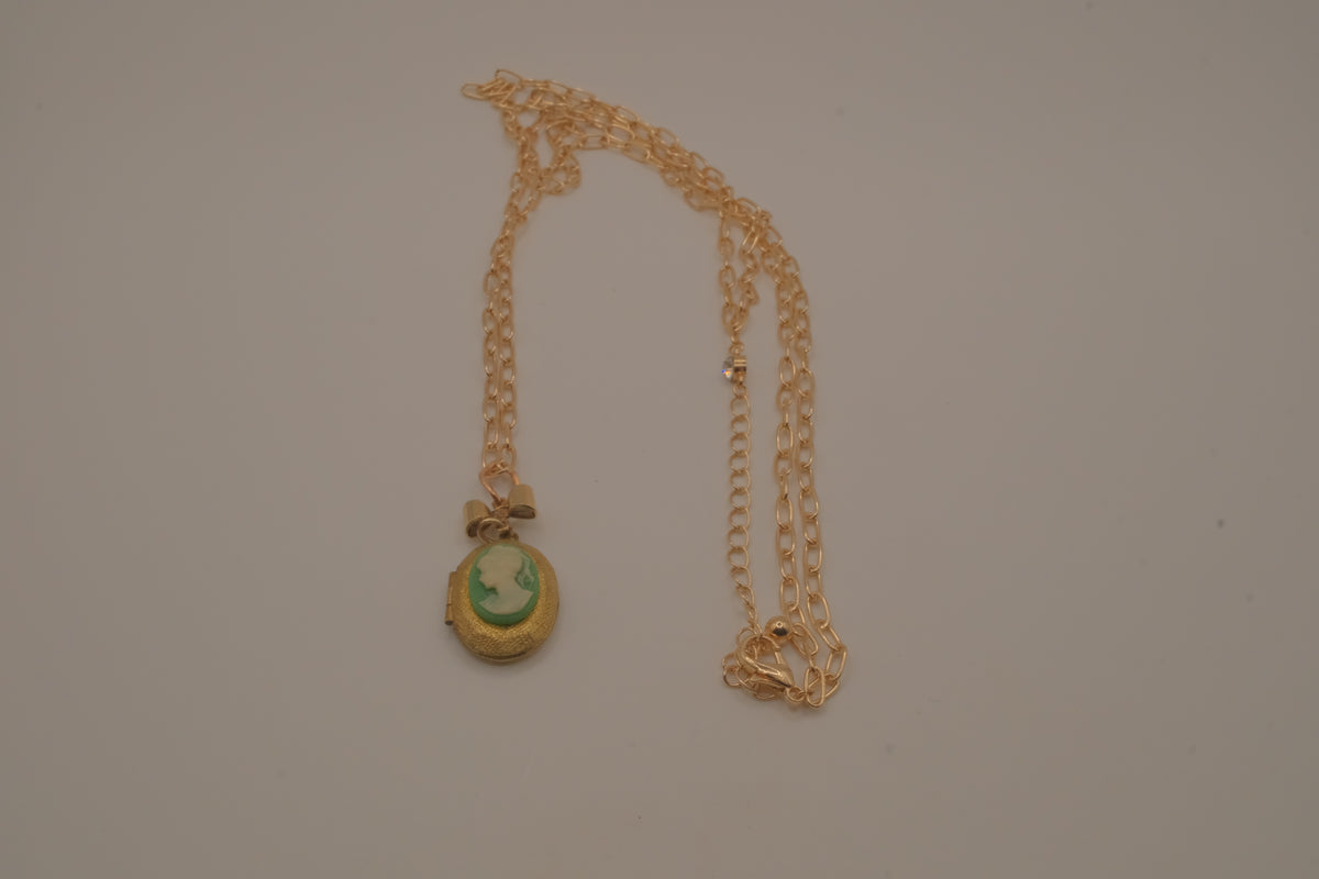 Vintage green cameo locket necklace