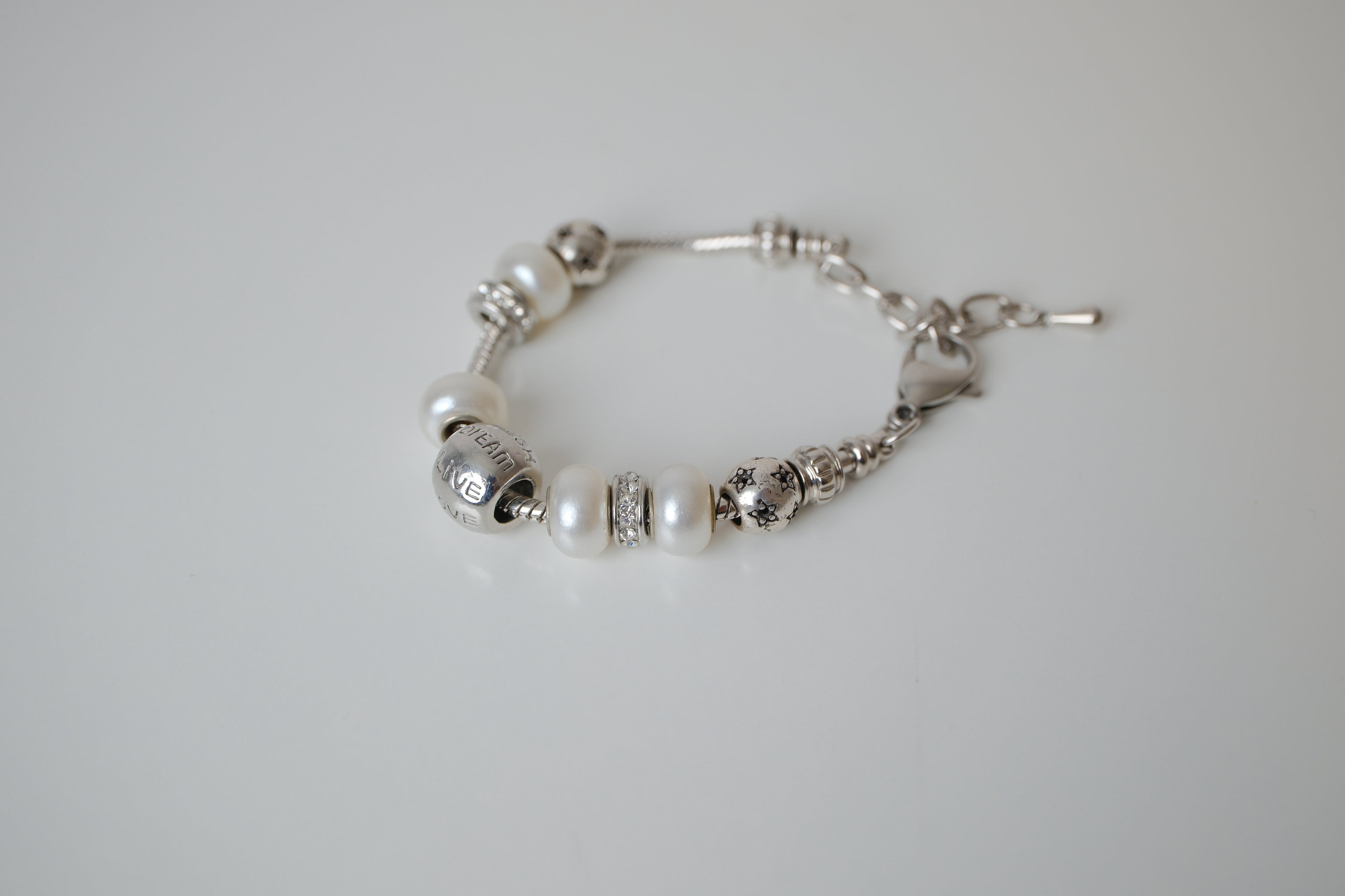 Silver Tone Rhinestone Pearl Slide Charm Bracelet