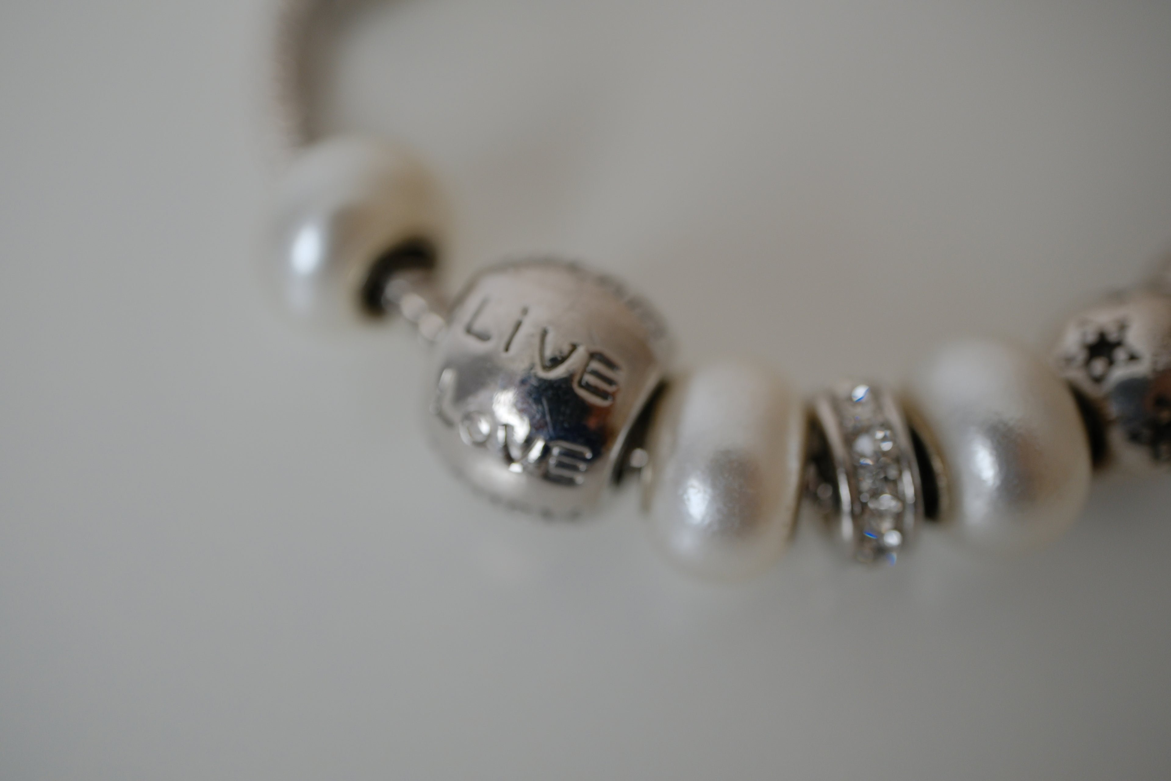 Silver Tone Rhinestone Pearl Slide Charm Bracelet