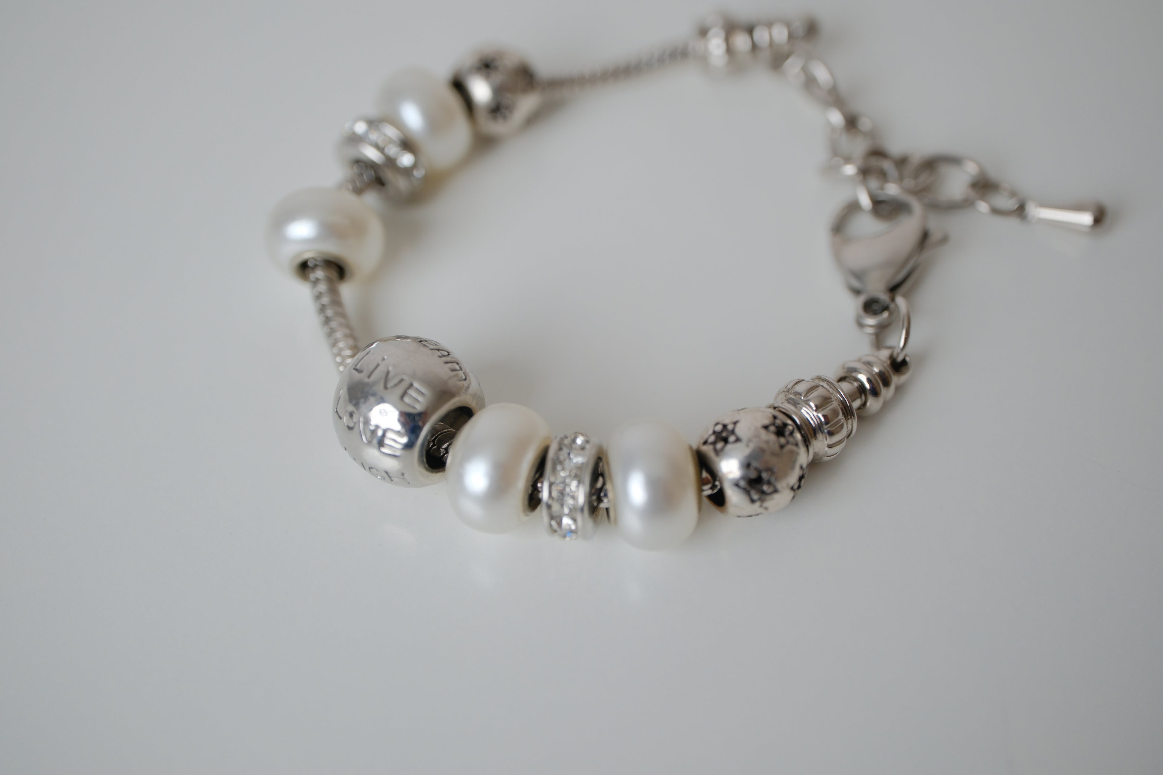 Silver Tone Rhinestone Pearl Slide Charm Bracelet