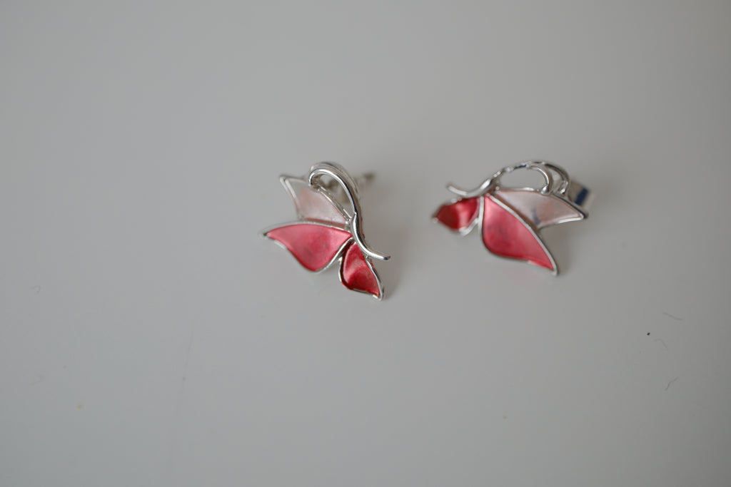 Pink enamel butterfly stud earrings