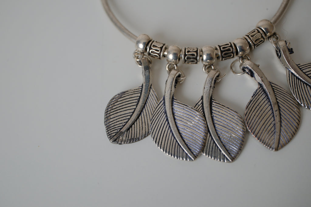 Oxidized leaf charm bangle bracelet