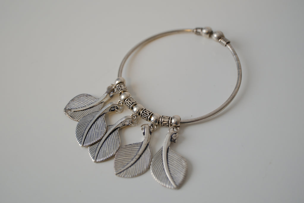 Oxidized leaf charm bangle bracelet