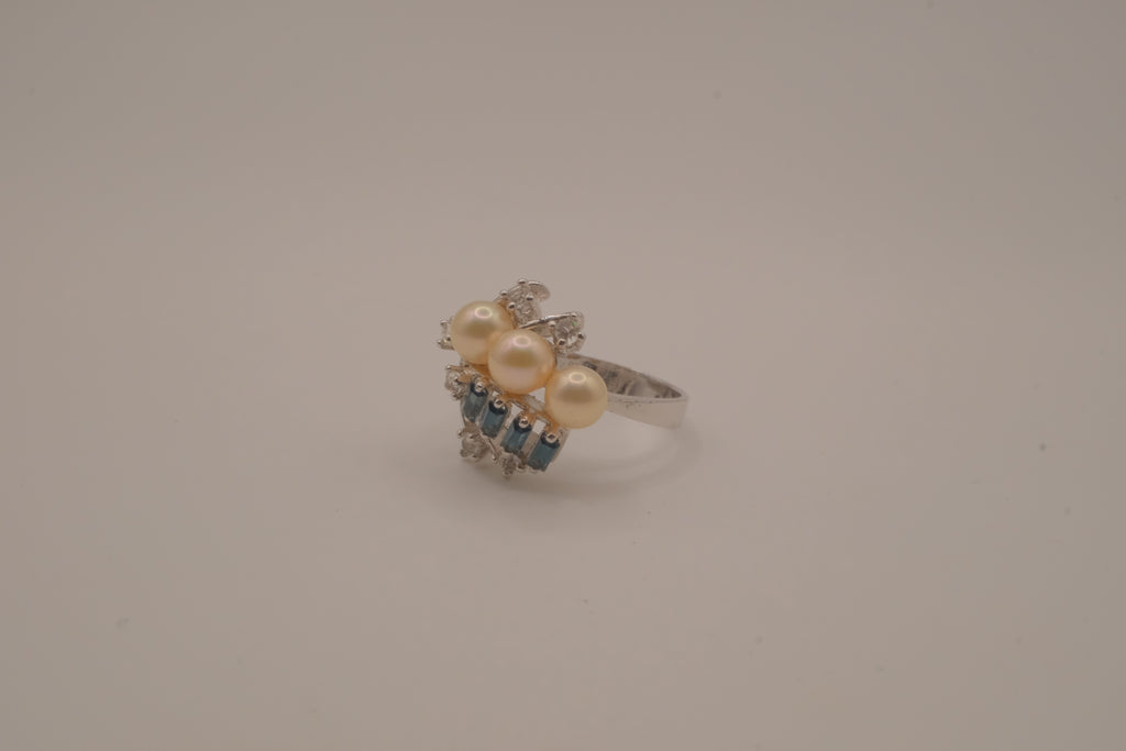 Sterling silver faux pearl and rhinestones cocktail ring