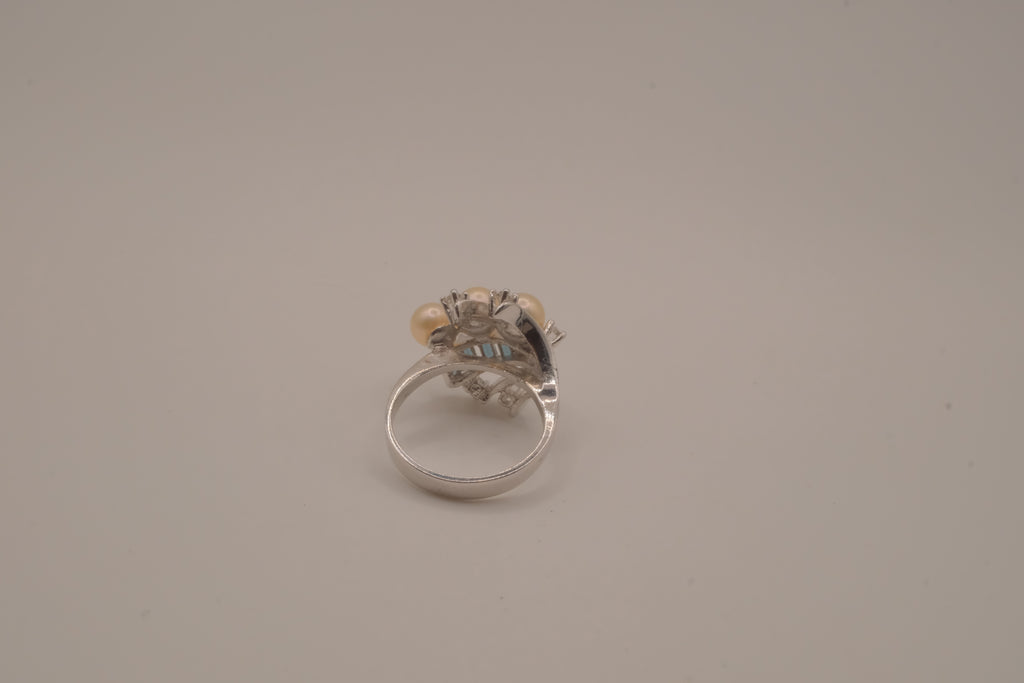 Sterling silver faux pearl and rhinestones cocktail ring