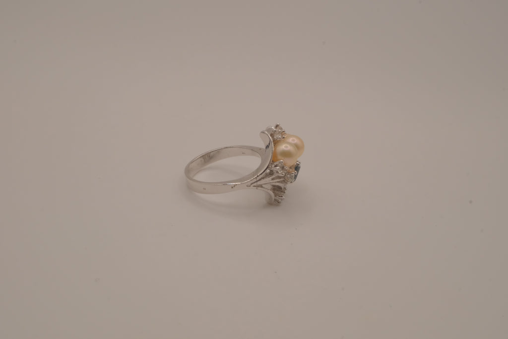 Sterling silver faux pearl and rhinestones cocktail ring