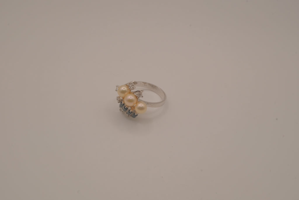 Sterling silver faux pearl and rhinestones cocktail ring