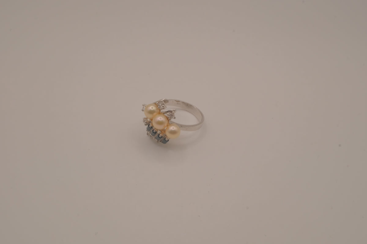 Sterling silver faux pearl and rhinestones cocktail ring