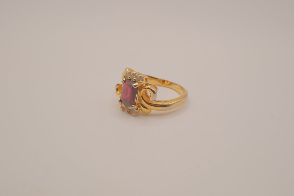 Vintage ornate emerald cut Red stone cocktail ring
