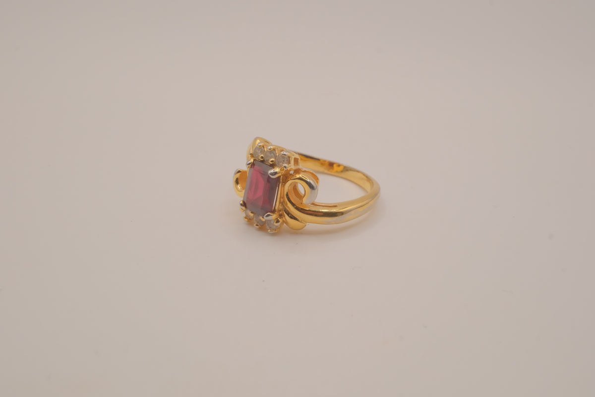 Vintage ornate emerald cut Red stone cocktail ring