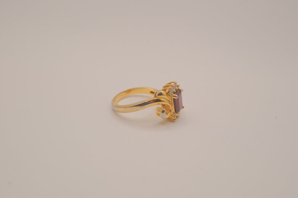 Vintage ornate emerald cut Red stone cocktail ring